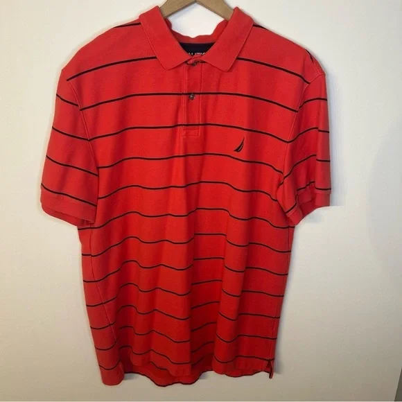 Nautica Red w/ Black Stripes Classic Fit Striped Performance Polo Deck Shirt, XL - Picture 2 of 7